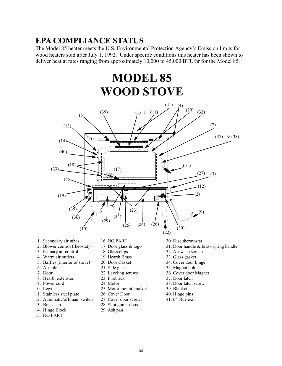 Model 85 wood stove, Epa compliance status | New Buck Corporation 85 User Manual | Page 36 / 39