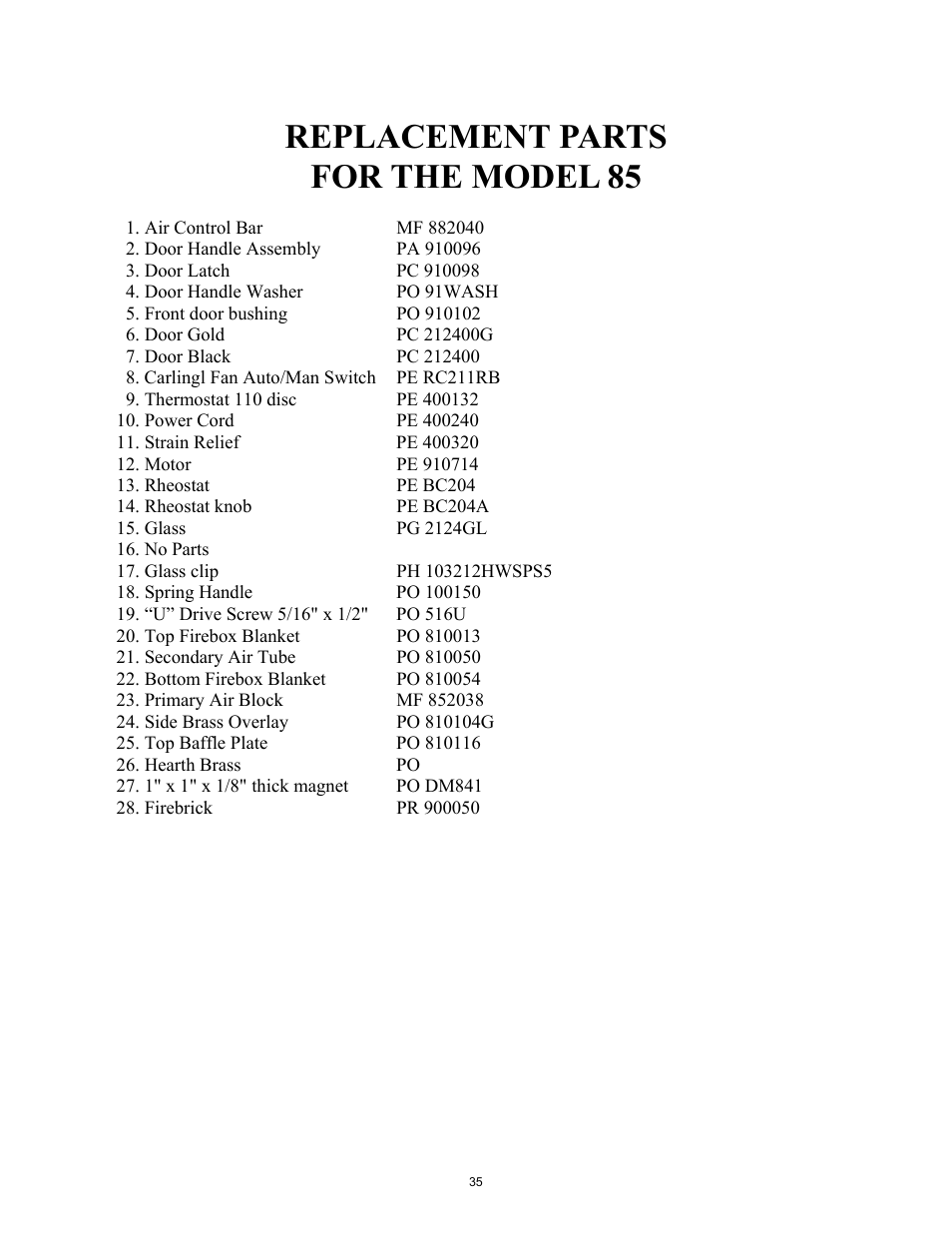 Replacement parts for the model 85 | New Buck Corporation 85 User Manual | Page 37 / 39