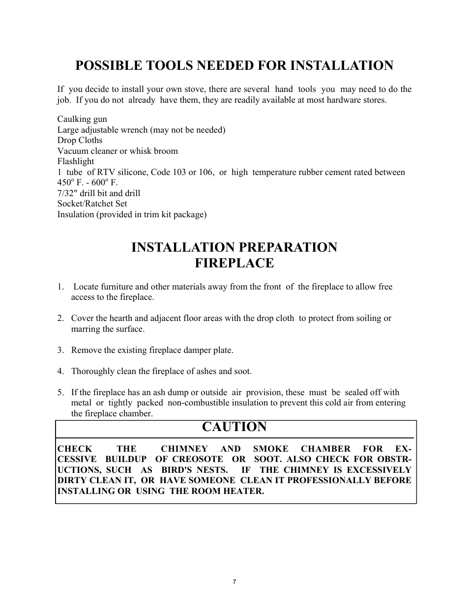 Possible tools needed for installation, Installation preparation fireplace, Caution | New Buck Corporation 85 User Manual | Page 9 / 39
