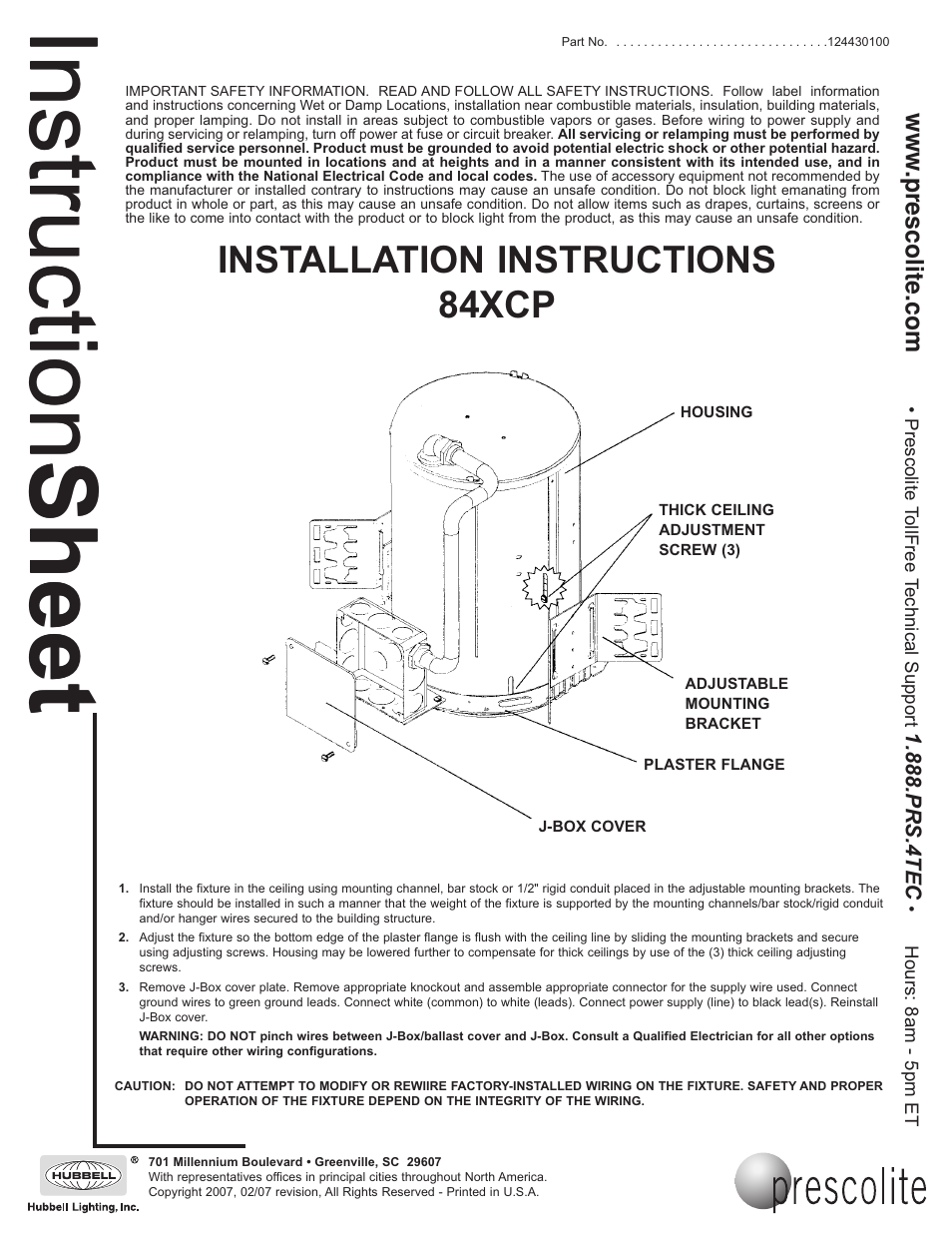 Prescolite 84XCP User Manual | 1 page