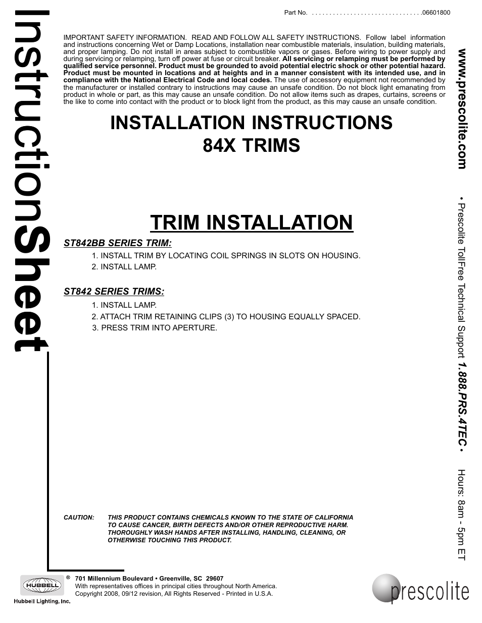 Prescolite 84X TRIMS User Manual | 1 page