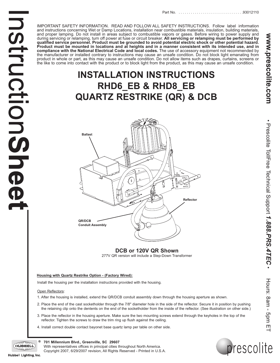 Prescolite RHD8_EB QUARTZ RESTRIKE (QR) & DCB User Manual | 2 pages