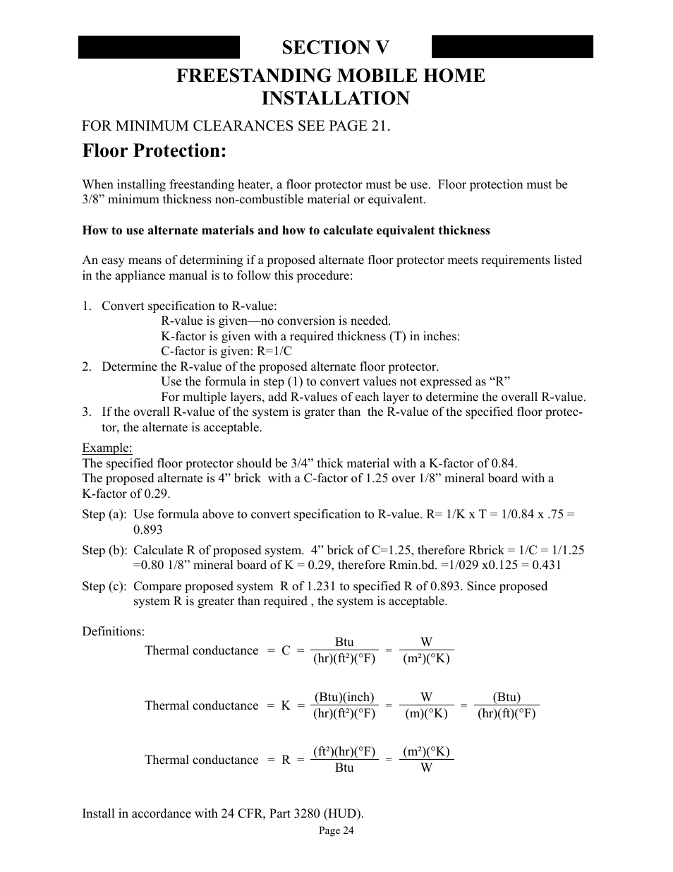 Freestanding mobile home installation, Floor protection, For minimum clearances see page 21 | New Buck Corporation 81 User Manual | Page 26 / 39