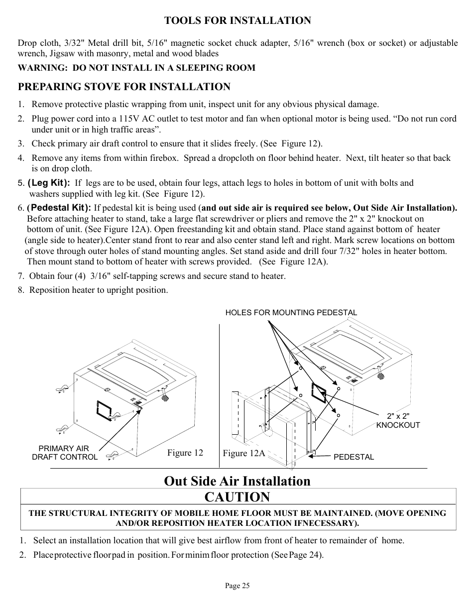 Out side air installation caution, Tools for installation, Preparing stove for installation | Warning: do not install in a sleeping room, Leg kit, Pedestal kit, Reposition heater to upright position, Figure 12, Figure 12a, Place | New Buck Corporation 81 User Manual | Page 27 / 39