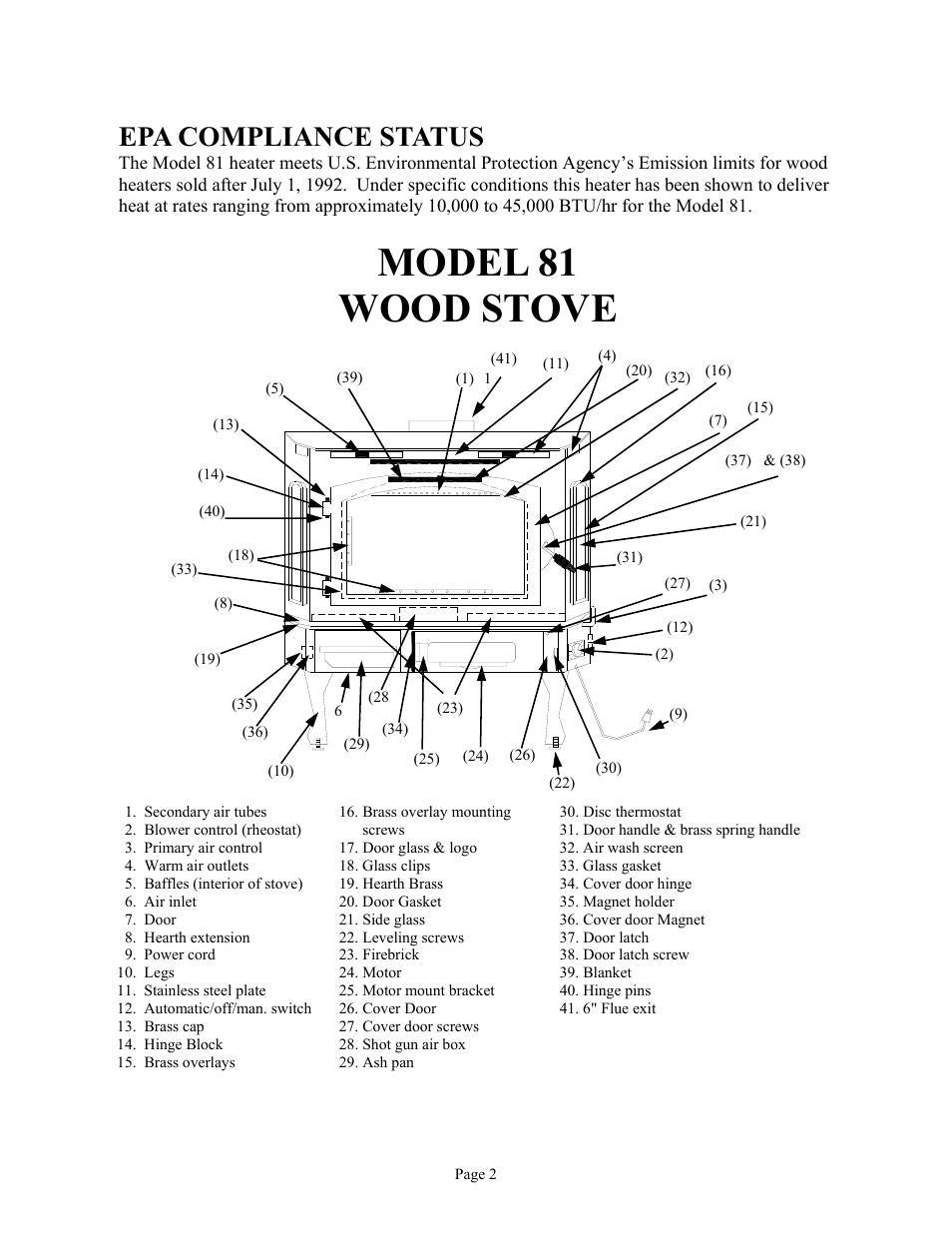 Model 81 wood stove, Epa compliance status | New Buck Corporation 81 User Manual | Page 4 / 39