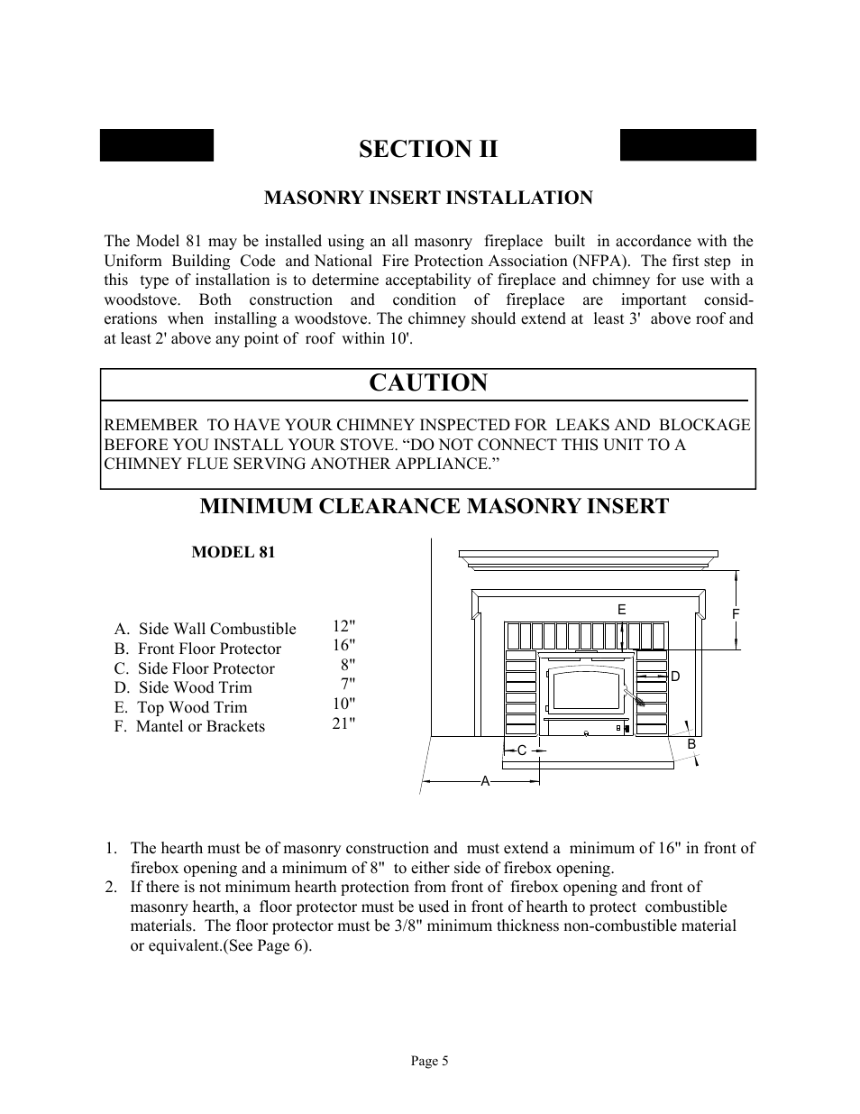 Caution, Minimum clearance masonry insert | New Buck Corporation 81 User Manual | Page 7 / 39
