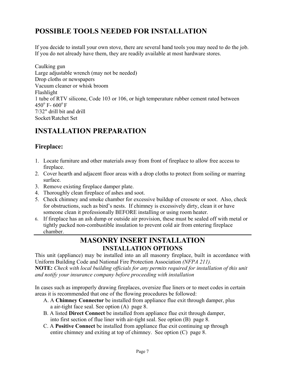 Possible tools needed for installation, Installation preparation, Masonry insert installation | New Buck Corporation 81 User Manual | Page 9 / 39