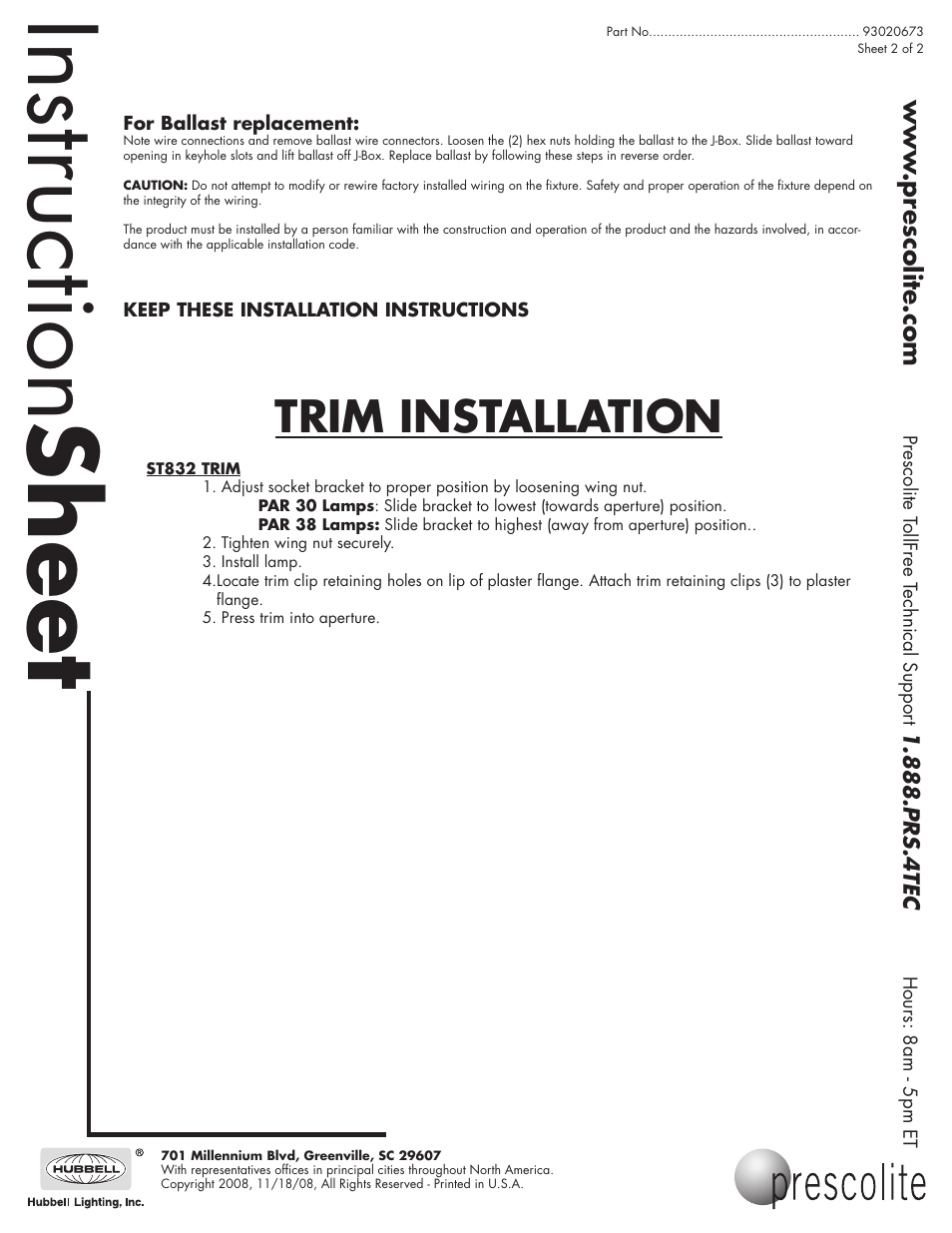 Instruction sheet, Trim installation | Prescolite 79M_EB SERIES HOUSINGS User Manual | Page 2 / 2