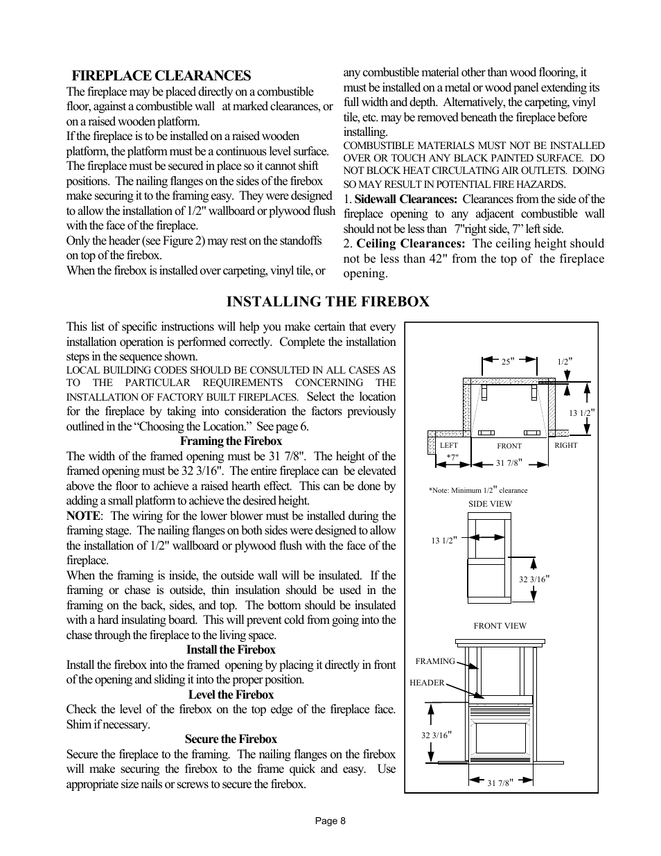 Fireplace clearances, Installing the firebox | New Buck Corporation MODEL FP-327-ZC User Manual | Page 10 / 45