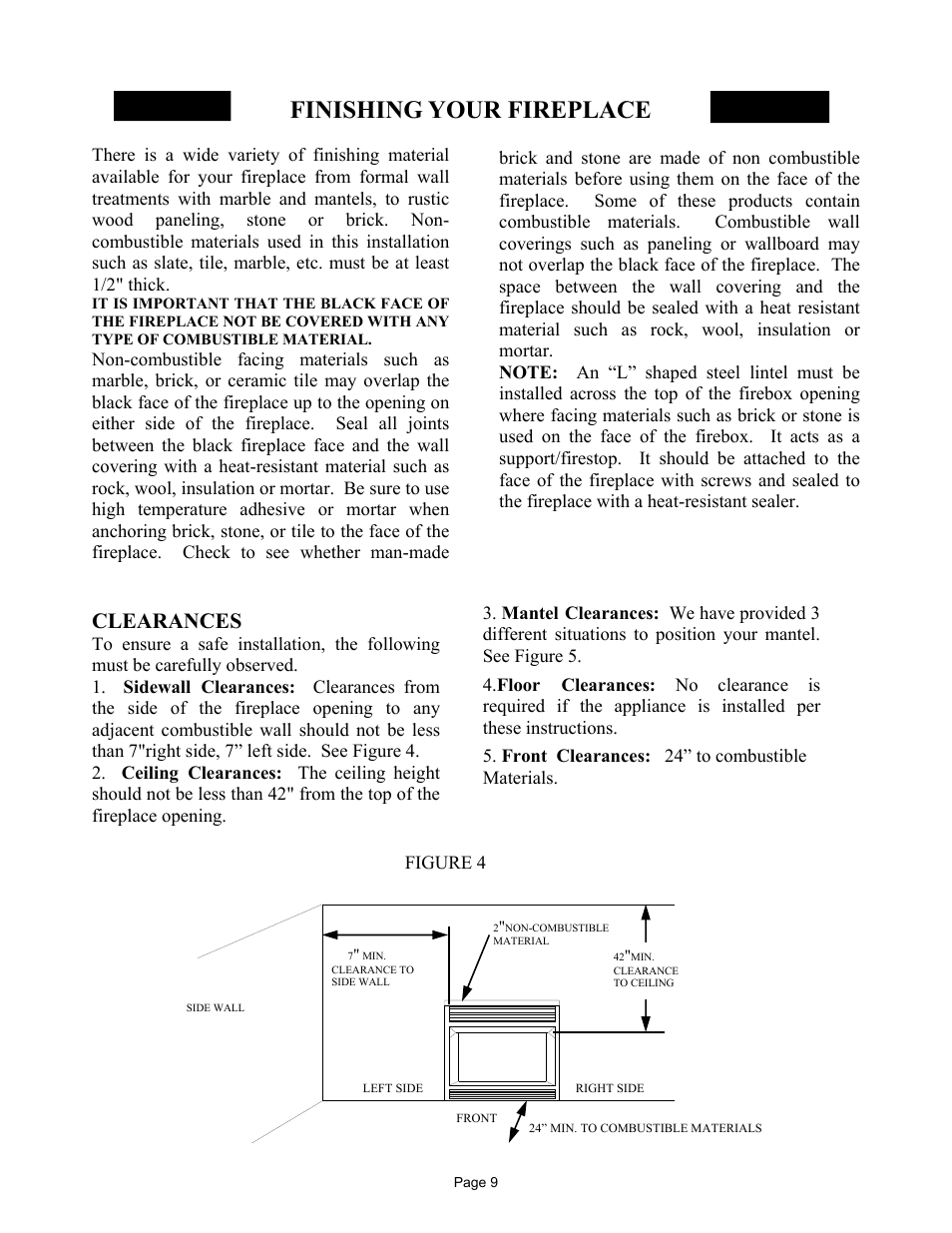 Finishing your fireplace, Clearances | New Buck Corporation MODEL FP-327-ZC User Manual | Page 11 / 45