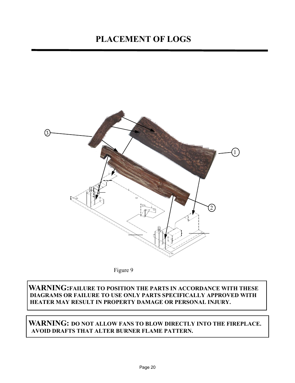 Placement of logs, Warning | New Buck Corporation MODEL FP-327-ZC User Manual | Page 22 / 45