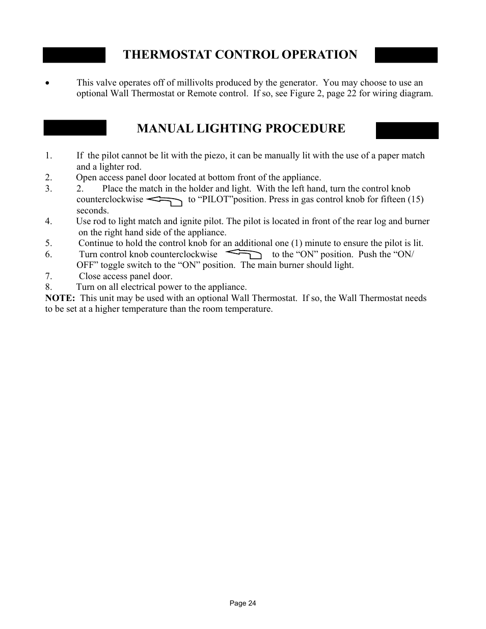 Thermostat control operation, Manual lighting procedure | New Buck Corporation MODEL FP-327-ZC User Manual | Page 26 / 45