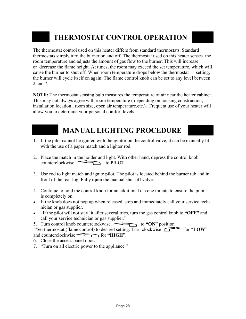 Thermostat control operation, Manual lighting procedure | New Buck Corporation MODEL FP-327-ZC User Manual | Page 30 / 45