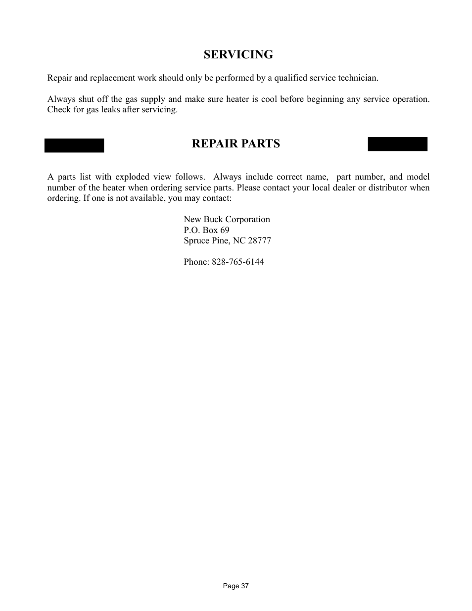 Servicing, Repair parts | New Buck Corporation MODEL FP-327-ZC User Manual | Page 39 / 45