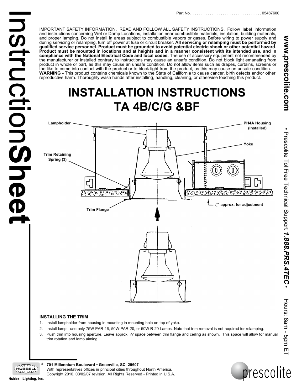 Prescolite TA 4B/C/G & BF User Manual | 2 pages