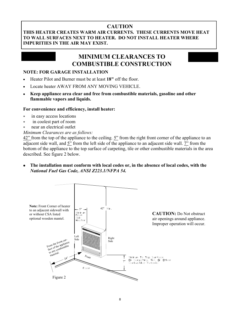 Minimum clearances to combustible construction, Caution, Locate heater away from any moving vehicle | For convenience and efficiency, install heater | New Buck Corporation 1127B User Manual | Page 10 / 43