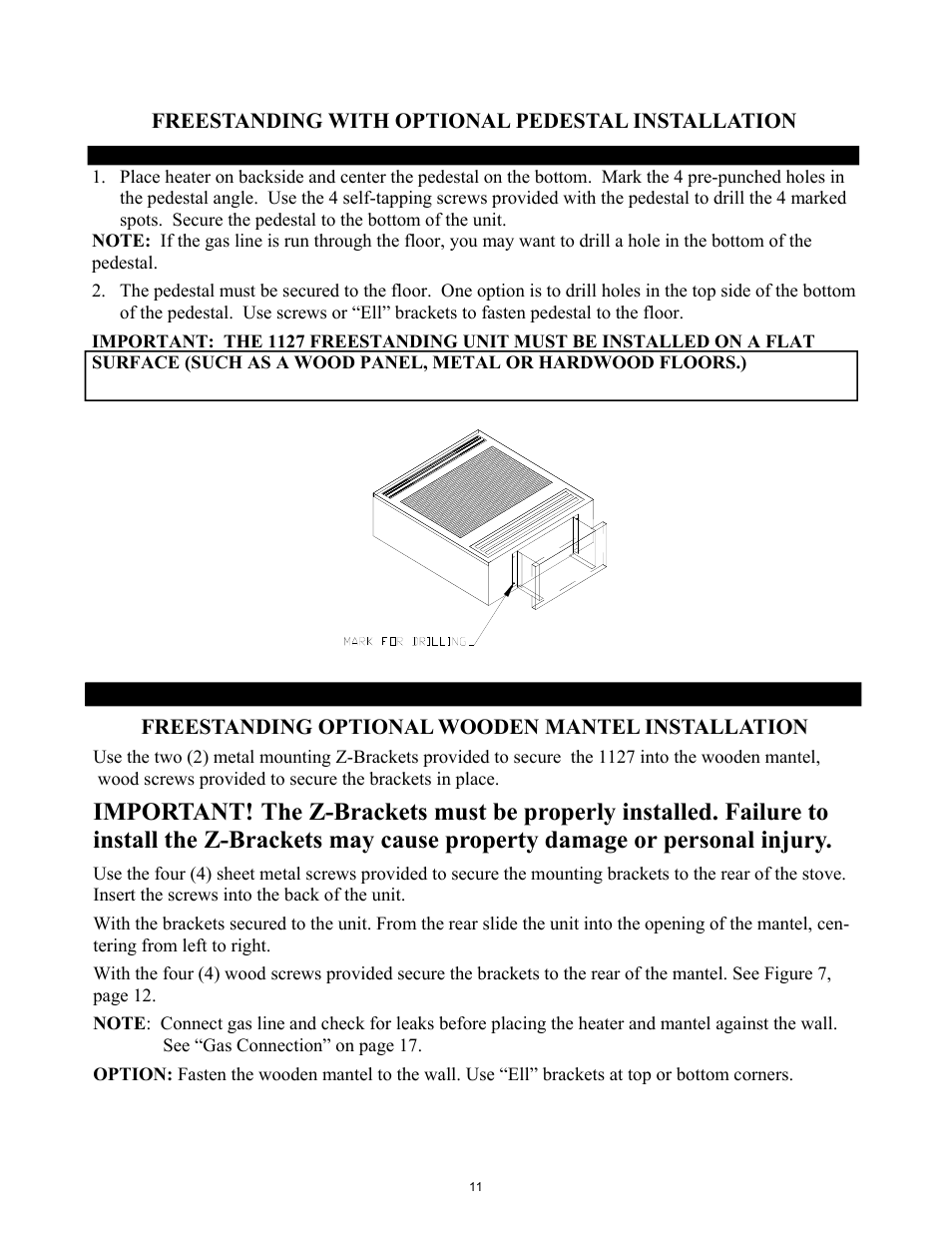 Freestanding with optional pedestal installation, Freestanding optional wooden mantel installation | New Buck Corporation 1127B User Manual | Page 13 / 43