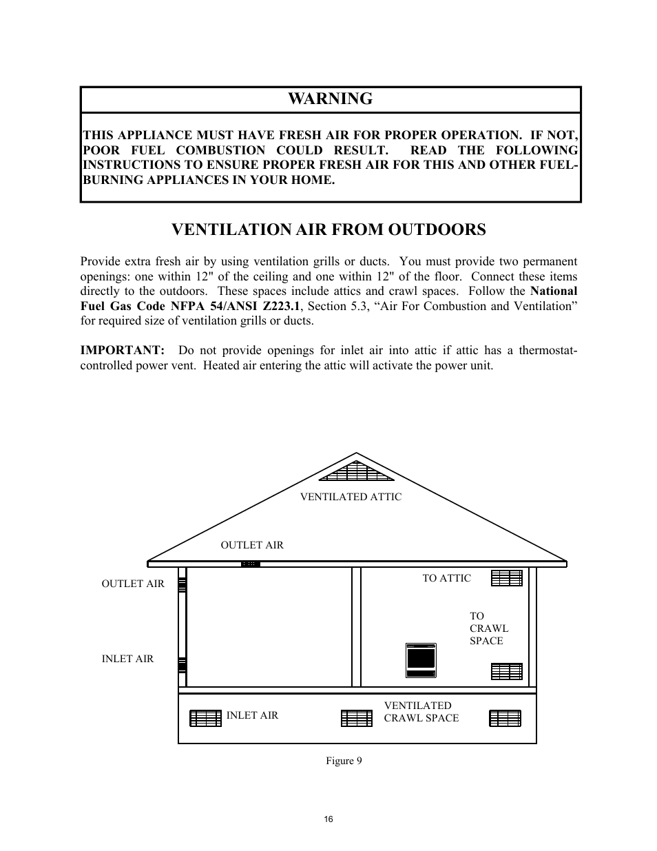 Ventilation air from outdoors, Warning | New Buck Corporation 1127B User Manual | Page 18 / 43