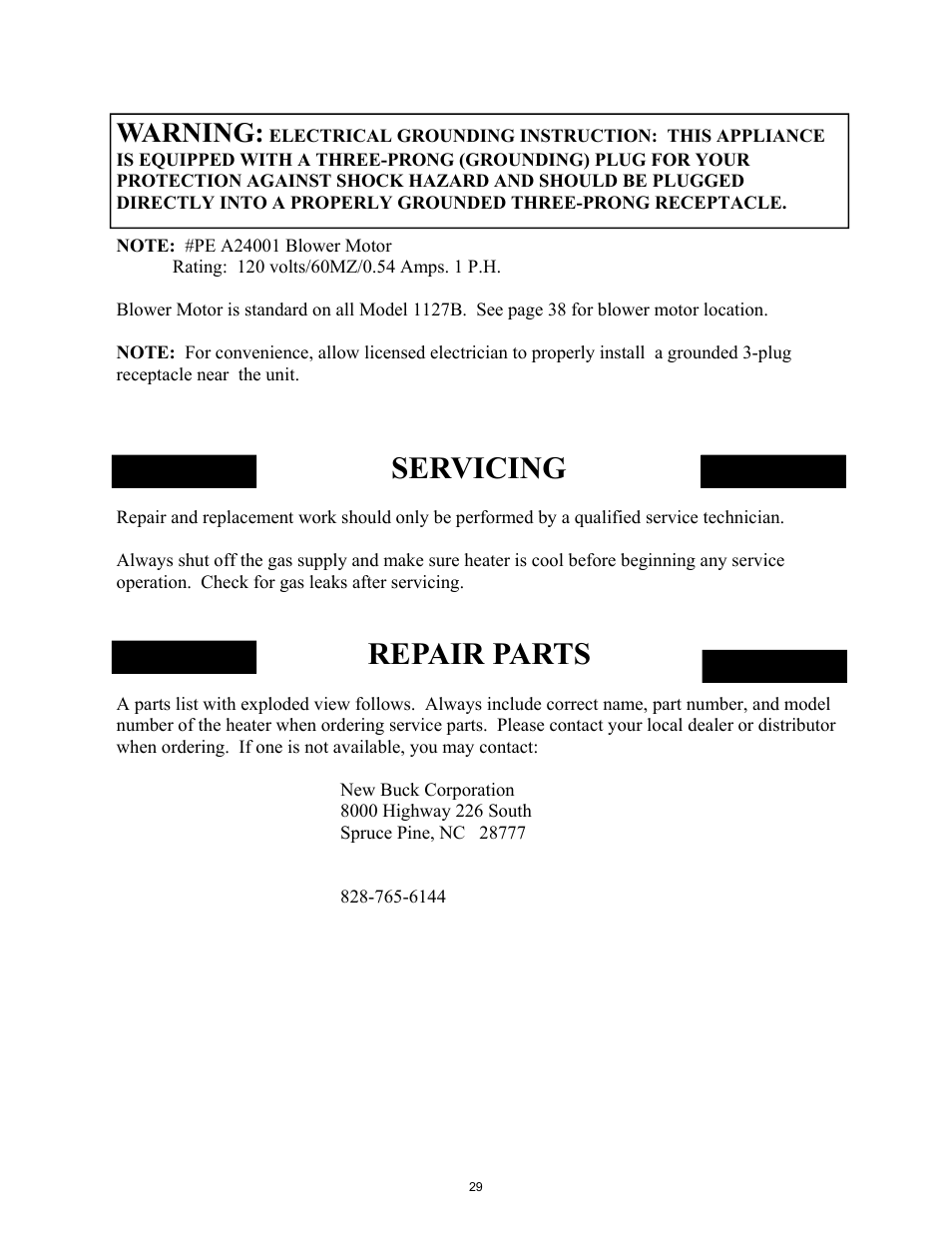 Servicing, Repair parts, Warning | New Buck Corporation 1127B User Manual | Page 31 / 43