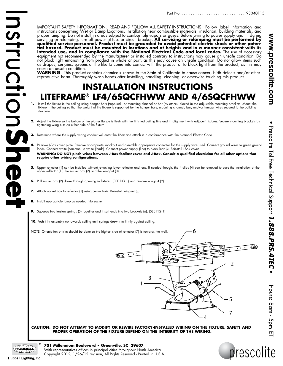 Prescolite 4/6SQCFHWW User Manual | 1 page