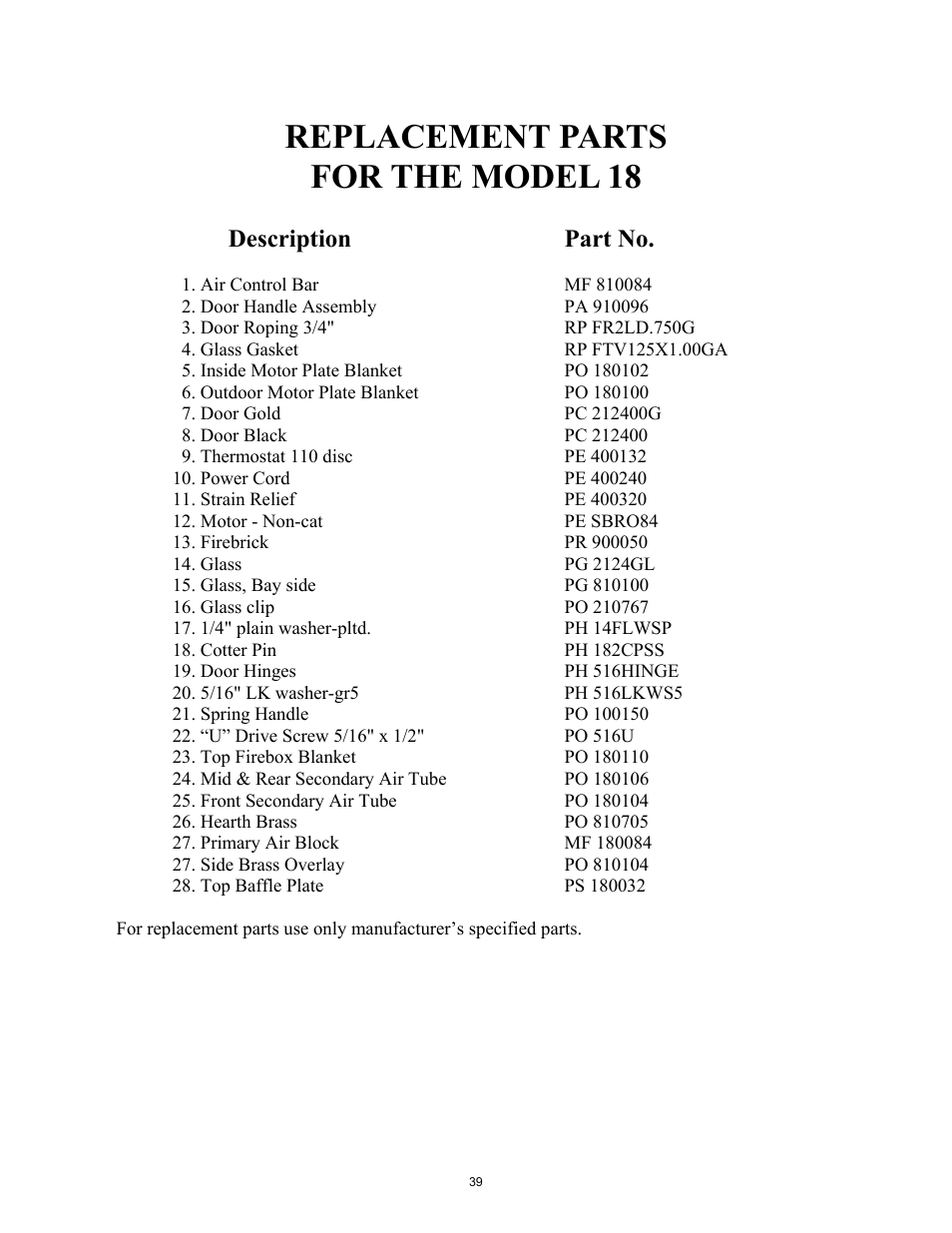 Replacement parts for the model 18, Description part no | New Buck Corporation 18 User Manual | Page 41 / 43