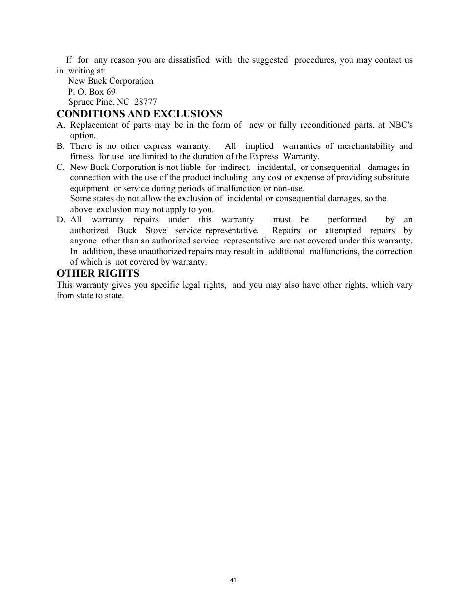 Conditions and exclusions, Other rights | New Buck Corporation 18 User Manual | Page 43 / 43