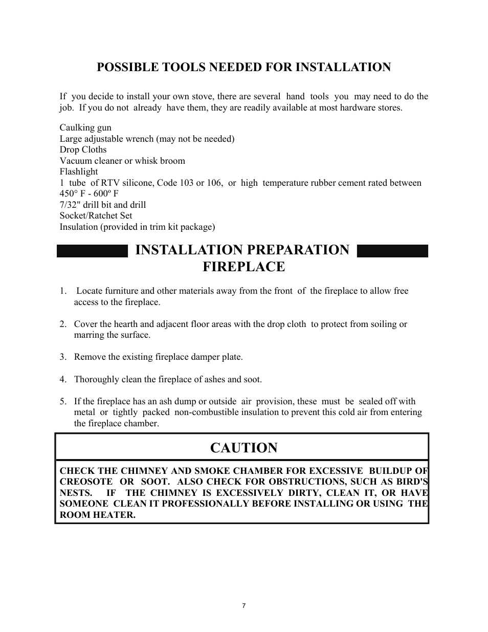 Installation preparation fireplace, Caution, Possible tools needed for installation | New Buck Corporation 18 User Manual | Page 9 / 43