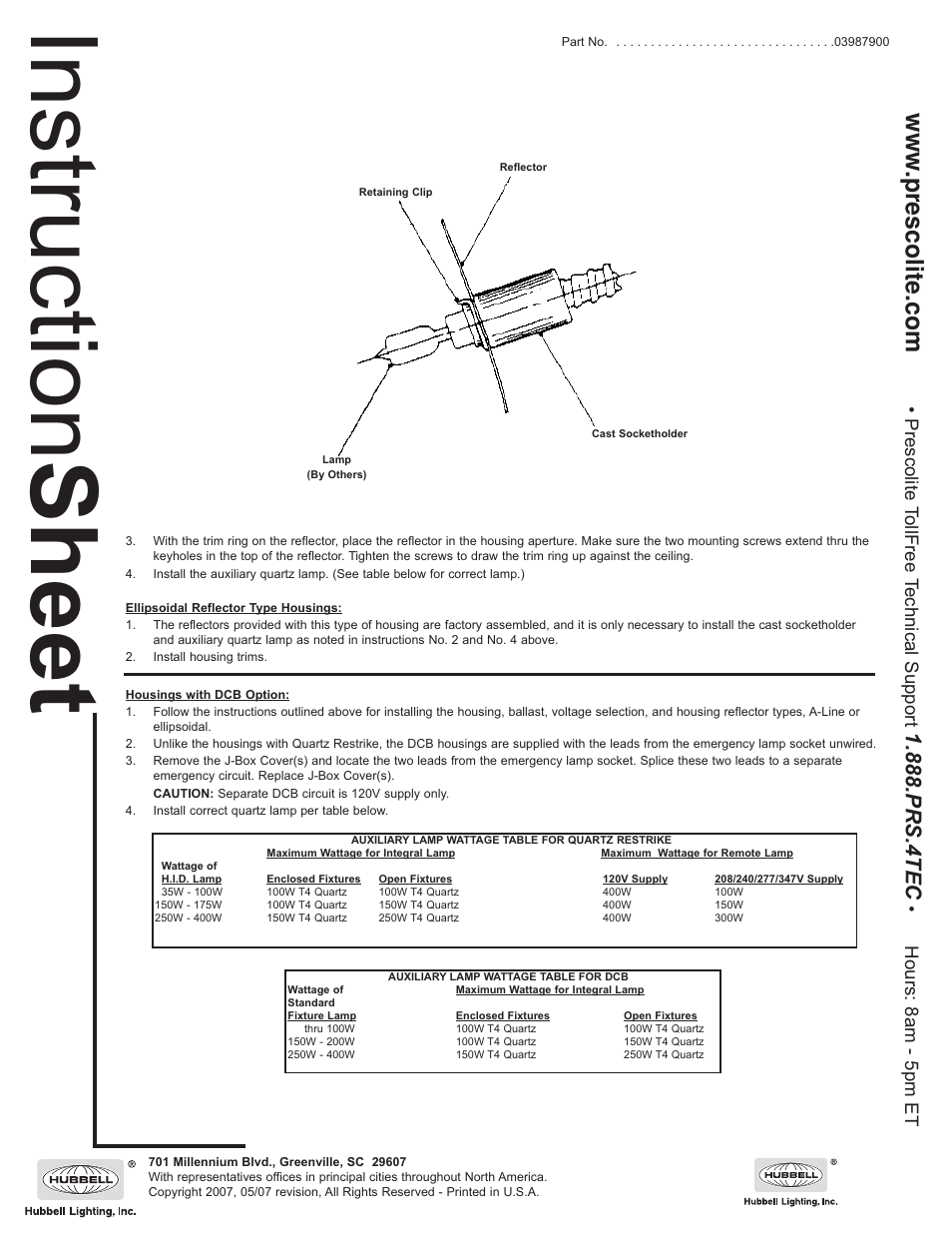 Ins tru ctio n s he et | Prescolite QUARTZ RESTRIKE DCB User Manual | Page 2 / 2