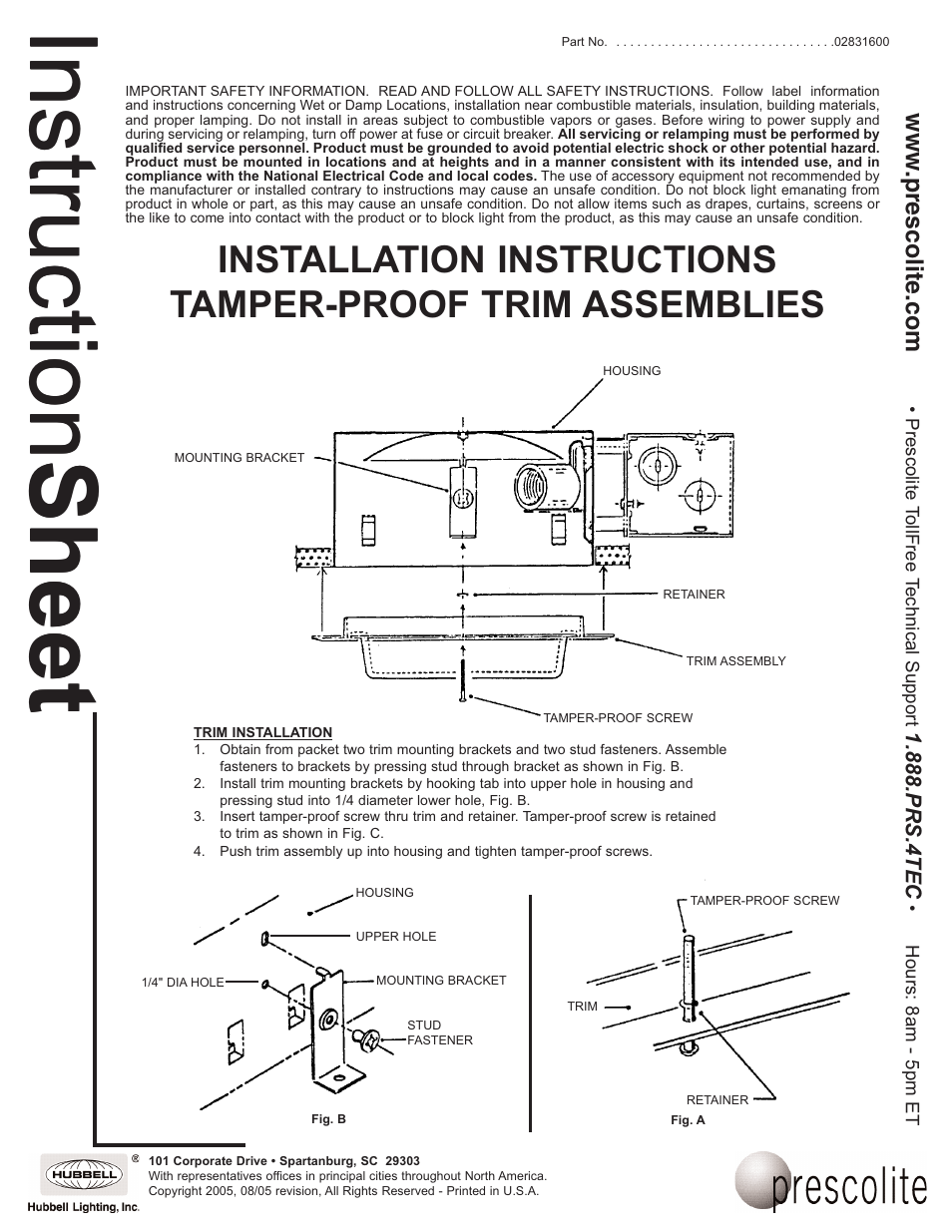 Prescolite TAMPER-PROOF TRIM ASSEMBLIES User Manual | 1 page