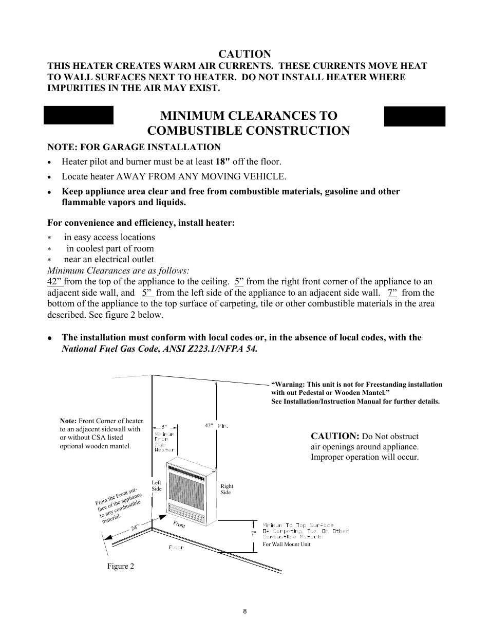 Minimum clearances to combustible construction, Caution, Locate heater away from any moving vehicle | For convenience and efficiency, install heater | New Buck Corporation 1110 User Manual | Page 10 / 43