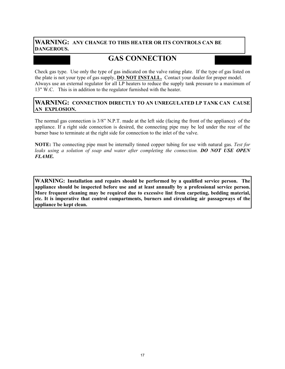 Gas connection, Warning | New Buck Corporation 1110 User Manual | Page 19 / 43