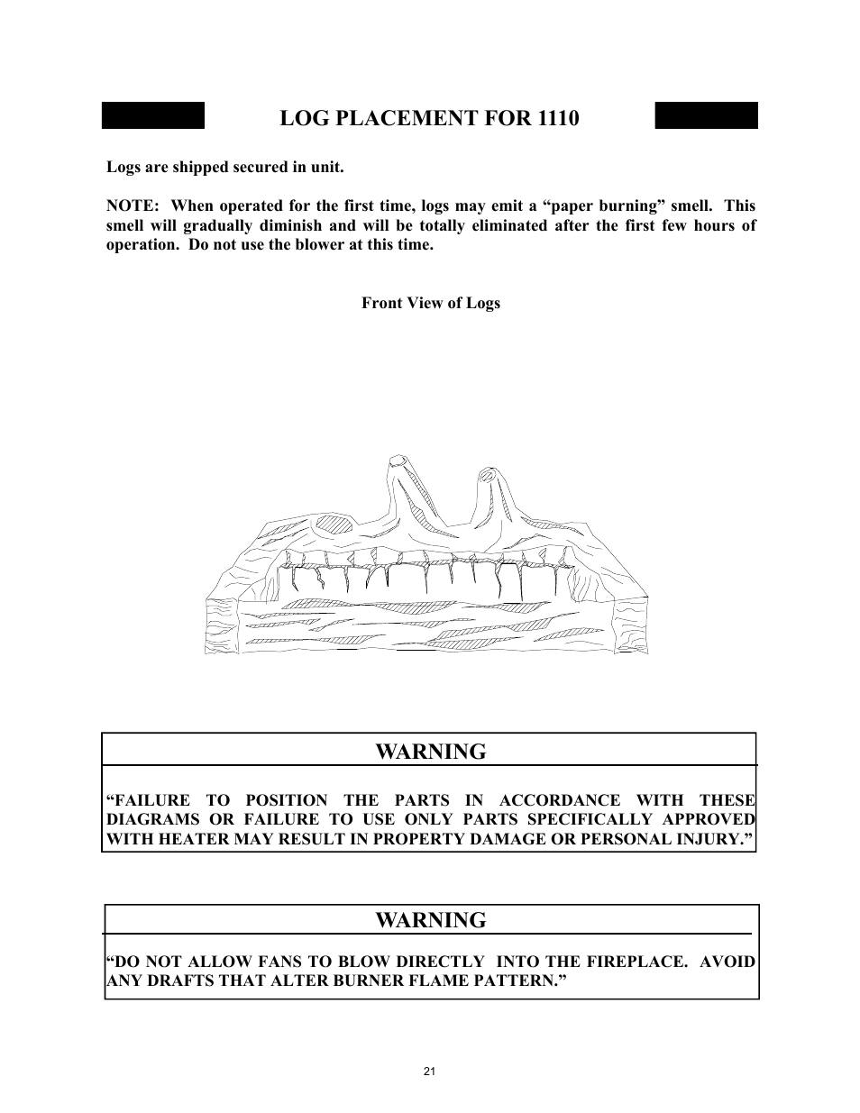 Log placement for 1110, Warning | New Buck Corporation 1110 User Manual | Page 23 / 43