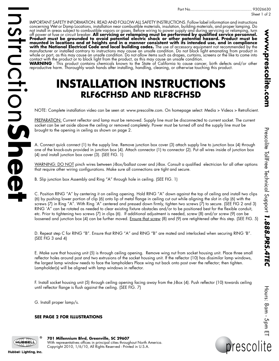 Prescolite RLF8CFHSD User Manual | 2 pages