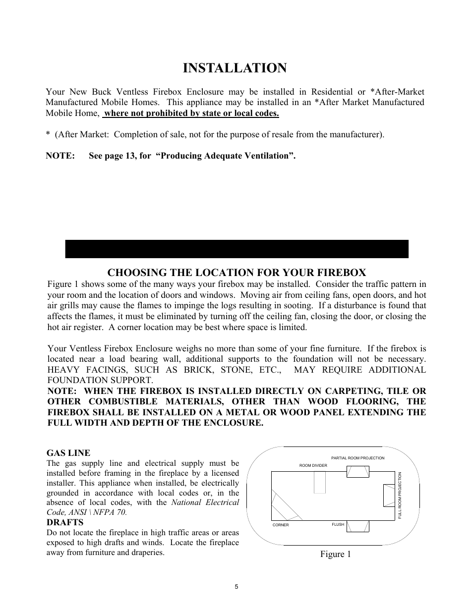 Installation, Choosing the location for your firebox, Drafts | Figure 1 | New Buck Corporation ZCBB User Manual | Page 7 / 22