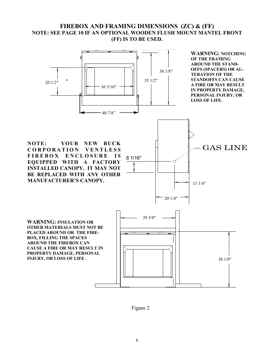 Gas line, Firebox and framing dimensions (zc) & (ff) | New Buck Corporation ZCBB User Manual | Page 8 / 22
