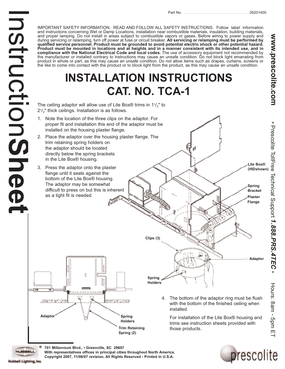 Prescolite TCA-1 User Manual | 1 page