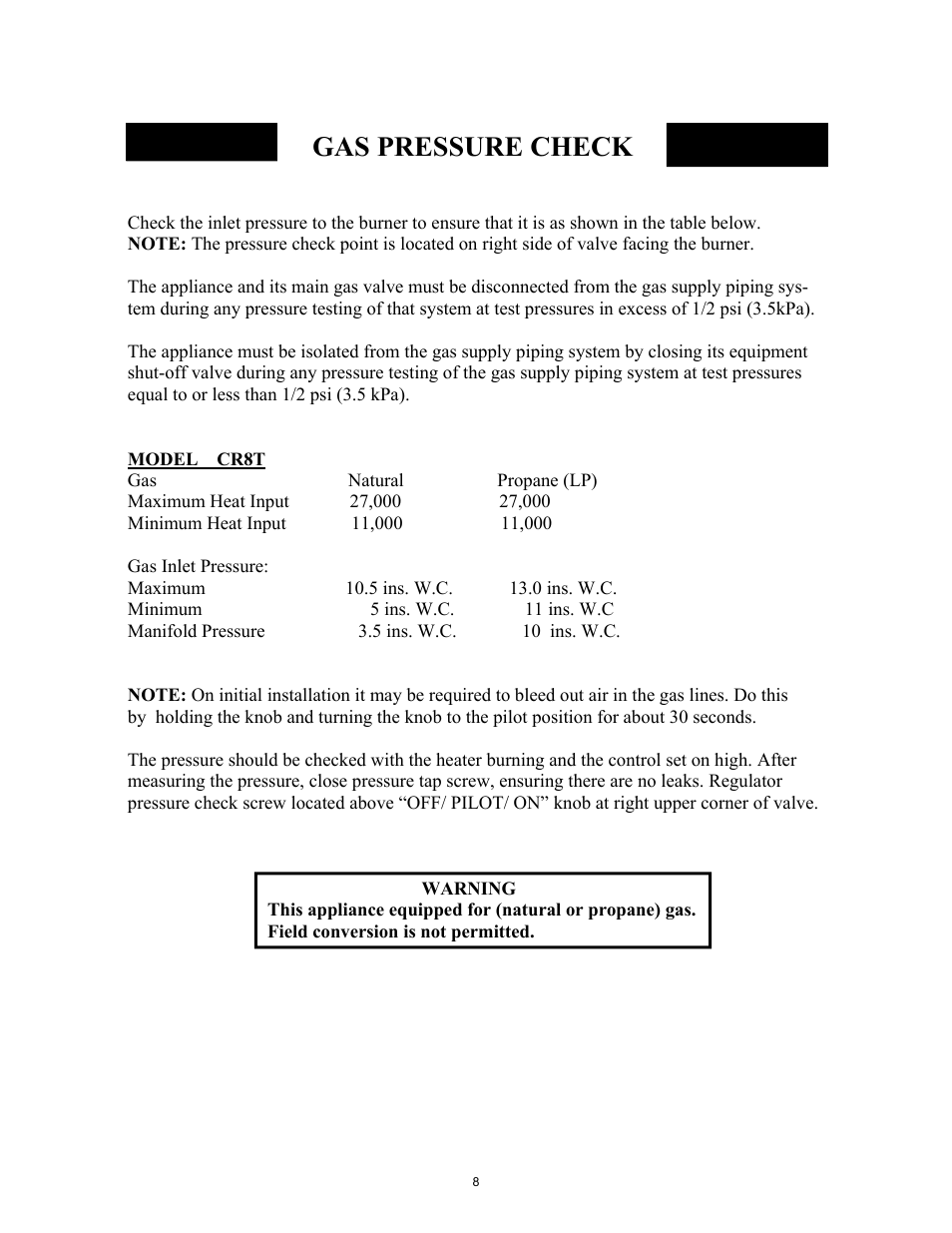 Gas pressure check | New Buck Corporation CR8T User Manual | Page 12 / 39