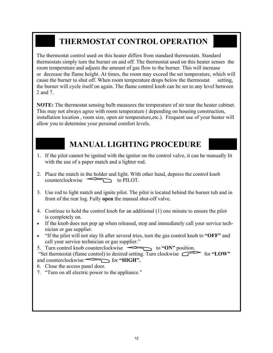 Thermostat control operation, Manual lighting procedure | New Buck Corporation CR8T User Manual | Page 16 / 39