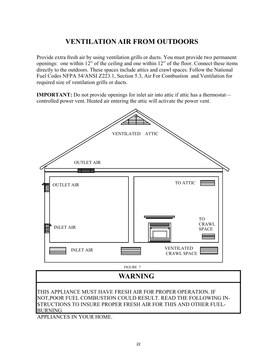 Ventilation air from outdoors, Warning | New Buck Corporation CR8T User Manual | Page 26 / 39