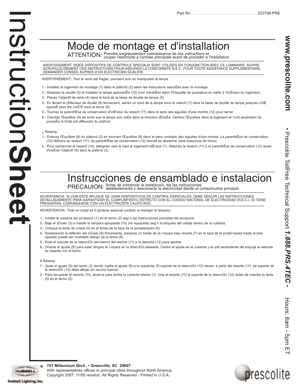 Ins tru ctio n s he et, Mode de montage et d'installation, Instrucciones de ensamblado e instalacion | Prescolite TA12C/G User Manual | Page 2 / 2