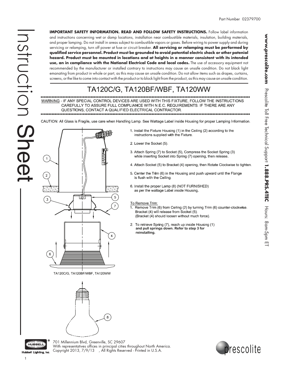 Prescolite TA120WW User Manual | 1 page