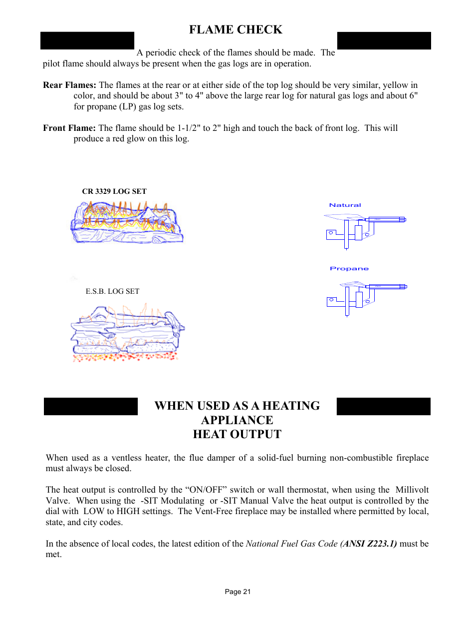 Flame check, When used as a heating appliance heat output | New Buck Corporation 329 User Manual | Page 25 / 55