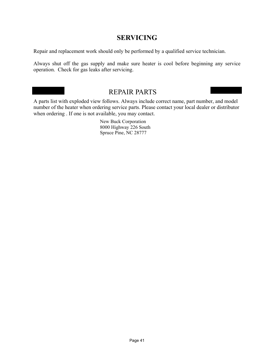Servicing, Repair parts | New Buck Corporation 329 User Manual | Page 45 / 55