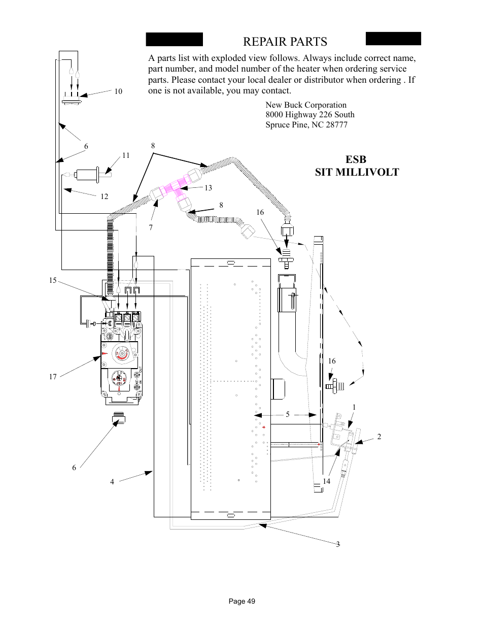 Repair parts, Esb sit millivolt | New Buck Corporation 329 User Manual | Page 53 / 55