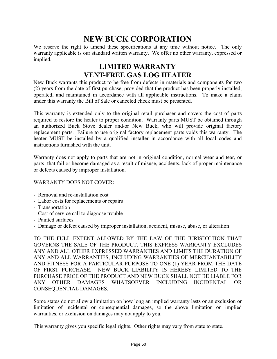 New buck corporation, Limited warranty vent-free gas log heater | New Buck Corporation 329 User Manual | Page 54 / 55