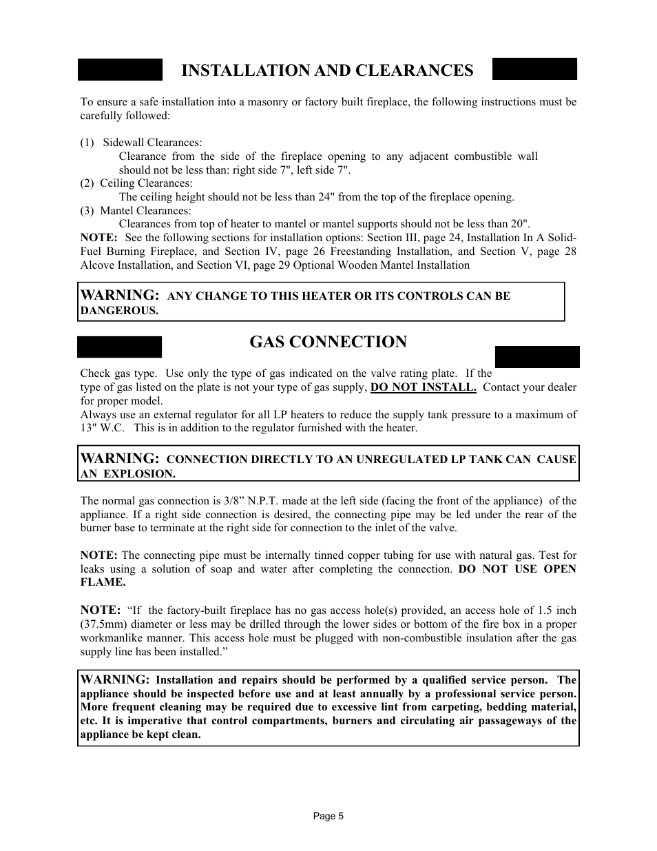 Installation and clearances, Gas connection | New Buck Corporation 329 User Manual | Page 9 / 55