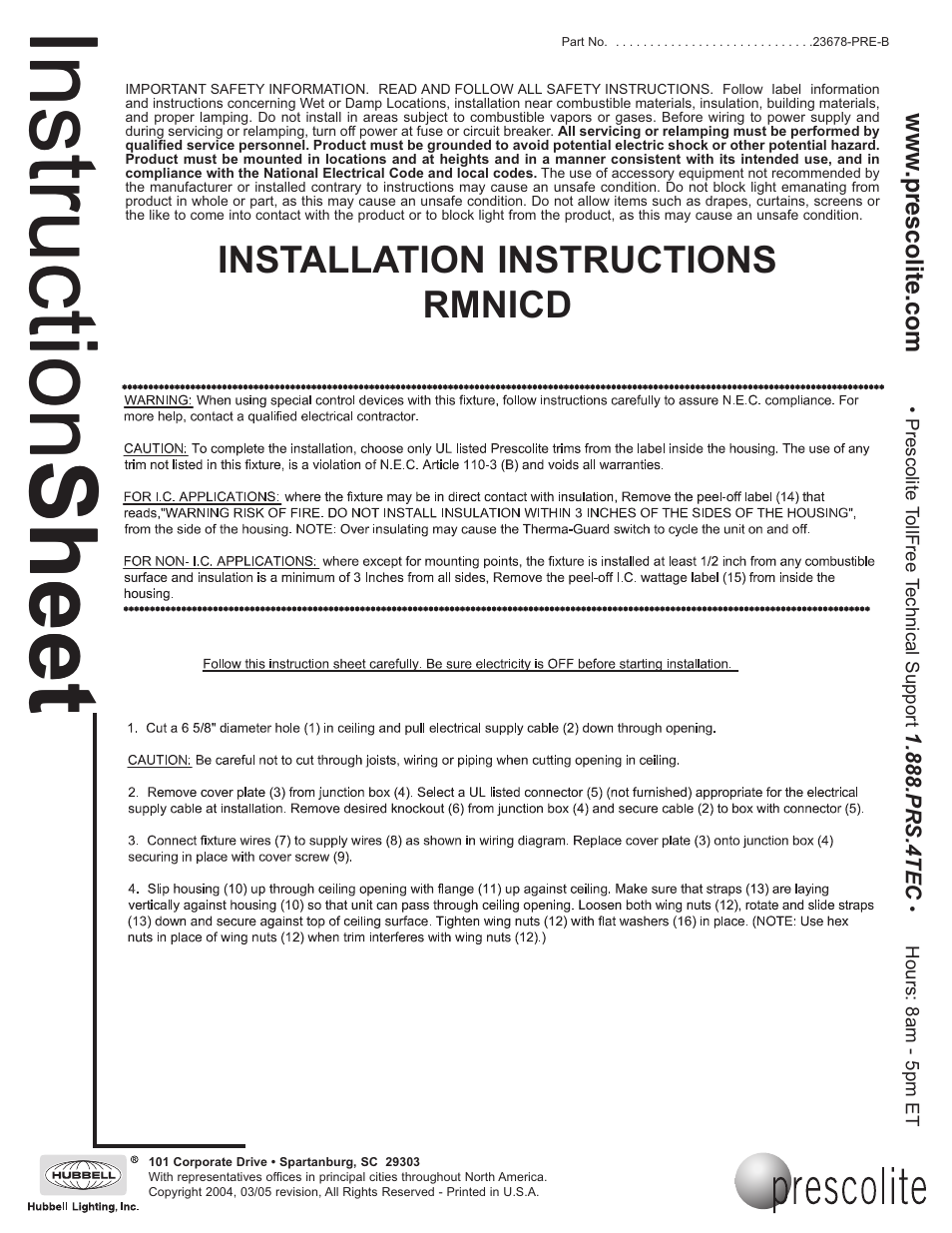 Prescolite RMNICD User Manual | 2 pages