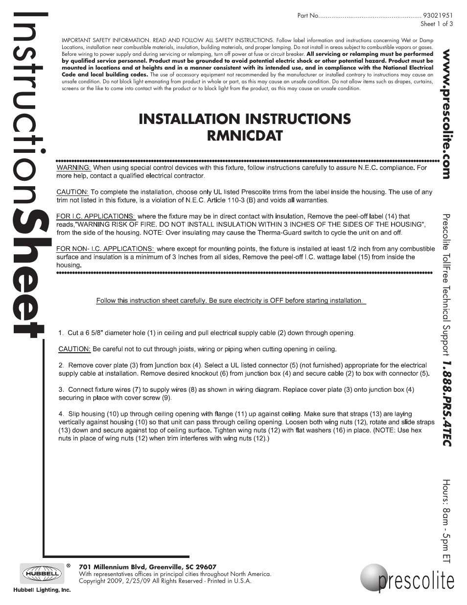 Prescolite RMNICDAT User Manual | 3 pages