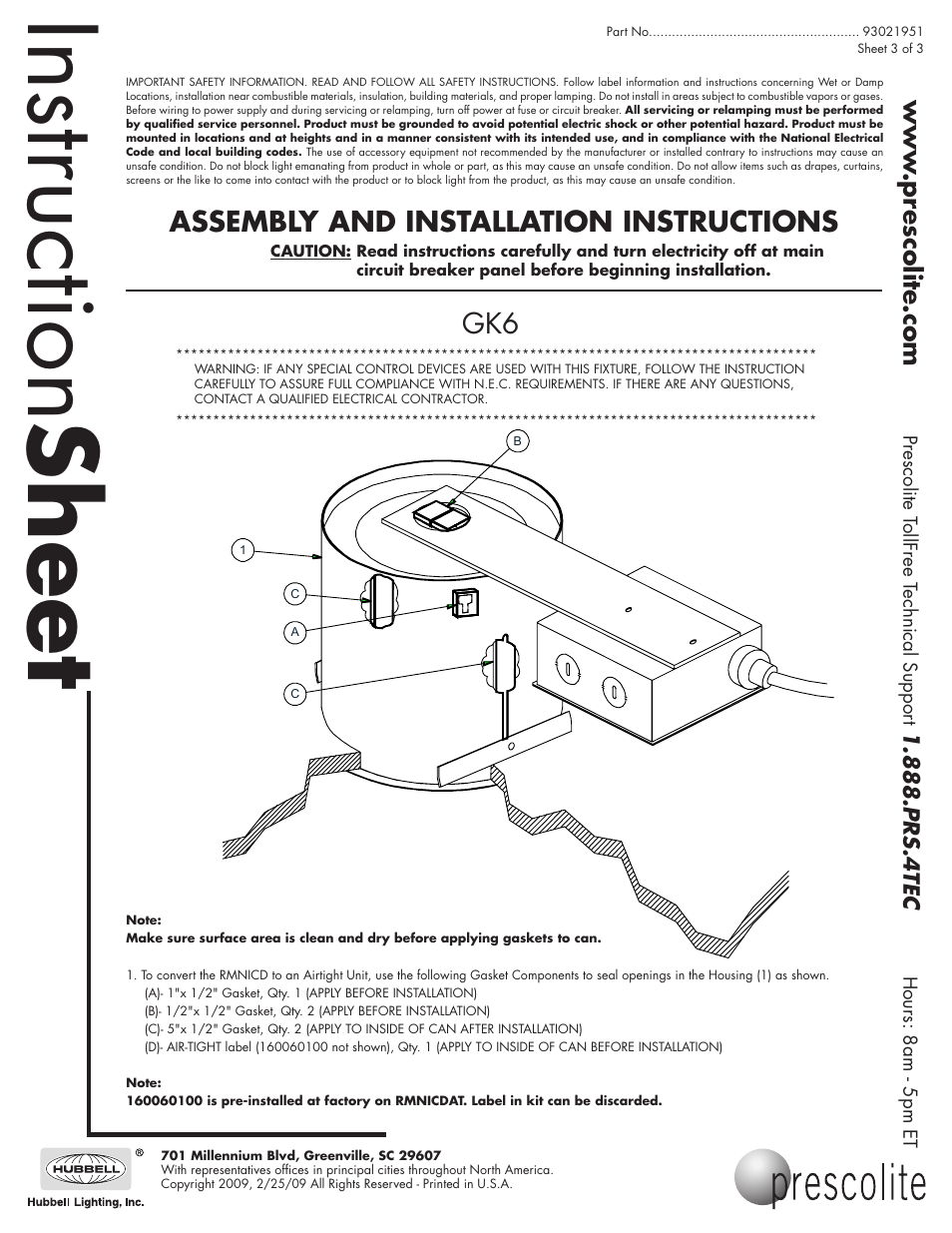 Instruction sheet, Assembly and installation instructions | Prescolite RMNICDAT User Manual | Page 3 / 3