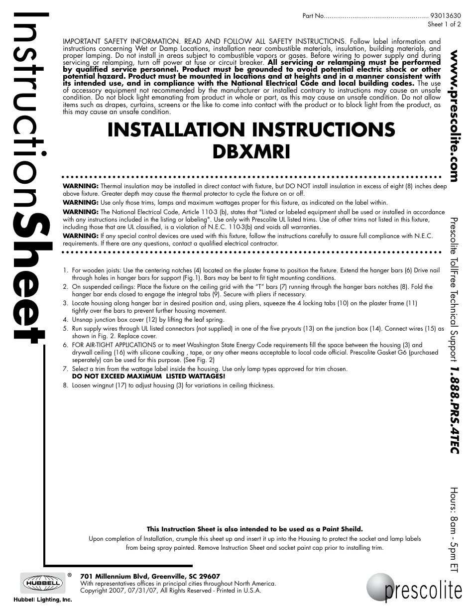 Prescolite DBXMRI User Manual | 2 pages